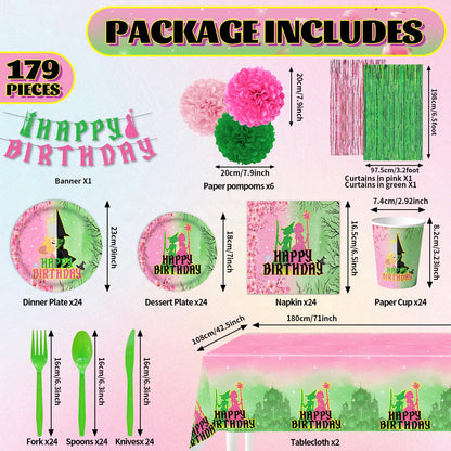 179Pcs Pink and Green Witch Party Decorations Tableware,Witch Table Centerpieces Movie Themed Birthday Party Supplies Include Banner Paper Pom Poms Plates Knives Forks Cups Set for Severs