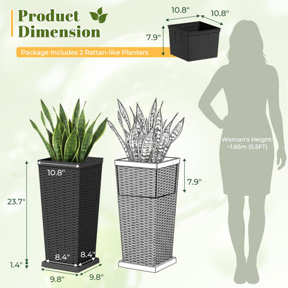 JUMMICO Set of 2 Resin Widened Tapered Planters, Rattan Texture Planters with Drainage Holes and Trays, Outdoor Flowers Pots for Plants, Porch & Patio Decor (Black, 24'' H, Inner & Outer Trays)