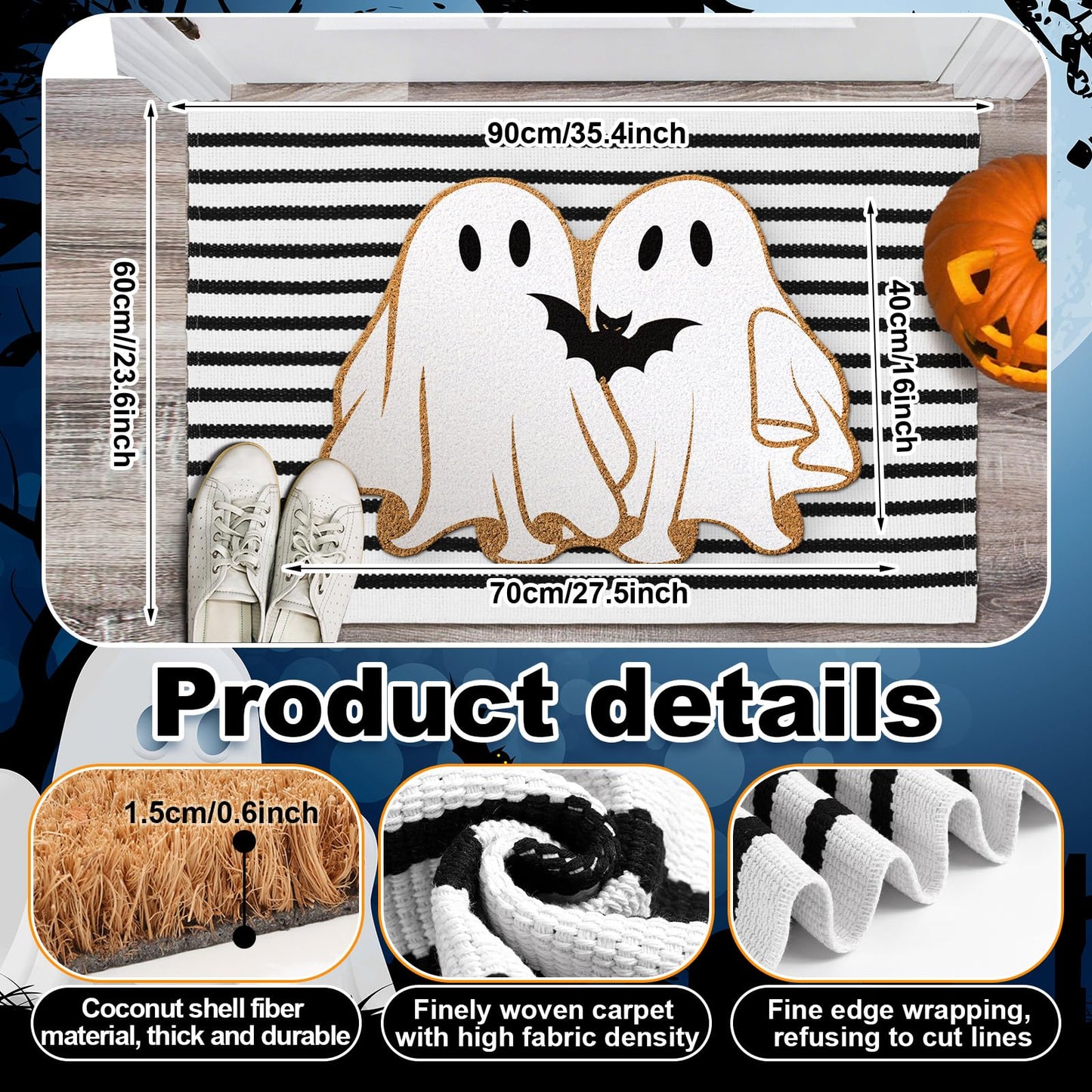 Duraaamo 2 Pcs Halloween Coir Doormat Outdoor Ghost Welcome Mat Layered Buffalo Plaid Black and White Rug Natural Coir Door Checkered Mat for Halloween Front Porch Entryway Decor