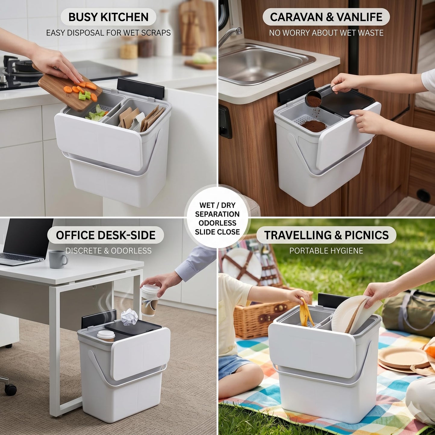 TOSCARA 3.2 Galoon Kitchen Compost Bin with lid | Odorless Hanging Trash Can with Sliding Lid for Dry & Wet Waste – 12 L Wall-Mounted Garbage Can for Kitchen Cabinet. Under Sink Trash can for Office.