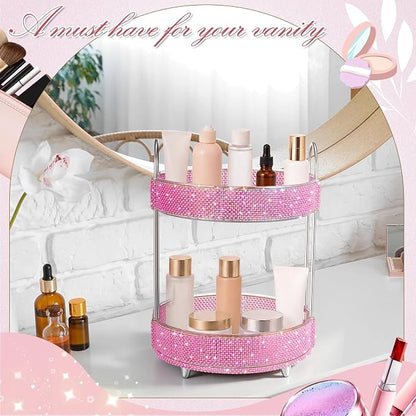 Honeydak 360 Rotating Perfume Organizer Gift for Women, Rhinestone Preppy Skincare Organizer Bathroom Counter Makeup Holder Skincare and Perfume Storage for Cosmetic(2 Tiers,Pearl,Pink)