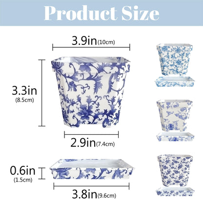 SEUCRWAX 4 Inch Plant Pots Square Plastic Decoration,Flower Pots Retro Design,Flower Pot with Drain Hole and Tray,for Outdoor Indoor Garden Valentine's Day Plants (Blue and White,4pcs)