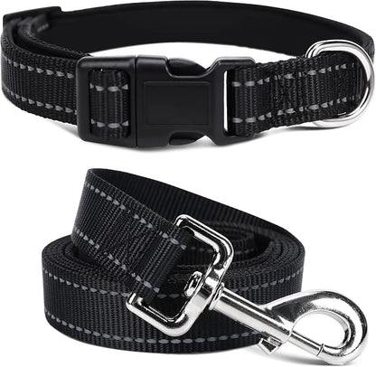 Soft Neoprene Padded Dog Collar and Leash Set for Small Medium Large Dogs, Reflective Durable Nylon Dog Collar with 5ft Leash Easy for Walking, Black,Neck fit 12.5-19.5’’