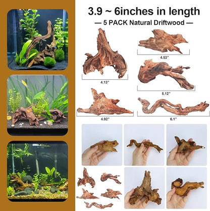 Natural Driftwood Decor for Aquarium Decorations Reptile Tank Accessories, Assorted Wood Branches Decorations on Reptile Fish Tank 2-10" 2 Pcs/4 Pcs/ 5 Pcs/ 6 Pcs (Pack of 5 (3.9 to 6 Inch))