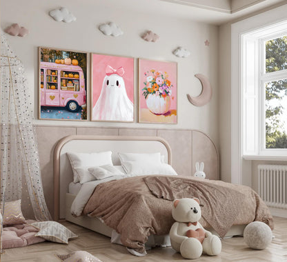 3Pcs Pink Halloween Wall Art Cute Bow Ghost Poster Prints Fall Harvest Pumpkin Flower Canvas Picture for Halloween Girls Room Dorm Nursery Playroom Wall Decor 16X24in Unframed