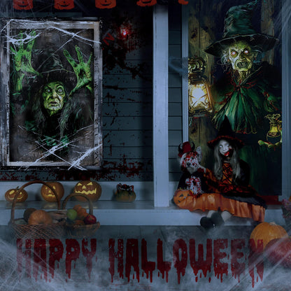 Fanfanwin 3 Pcs Halloween Window Door Covers Set Halloween Scary Window Curtain and Door Cover Spooky Silhouette Props Poster for House Decor(Witch)