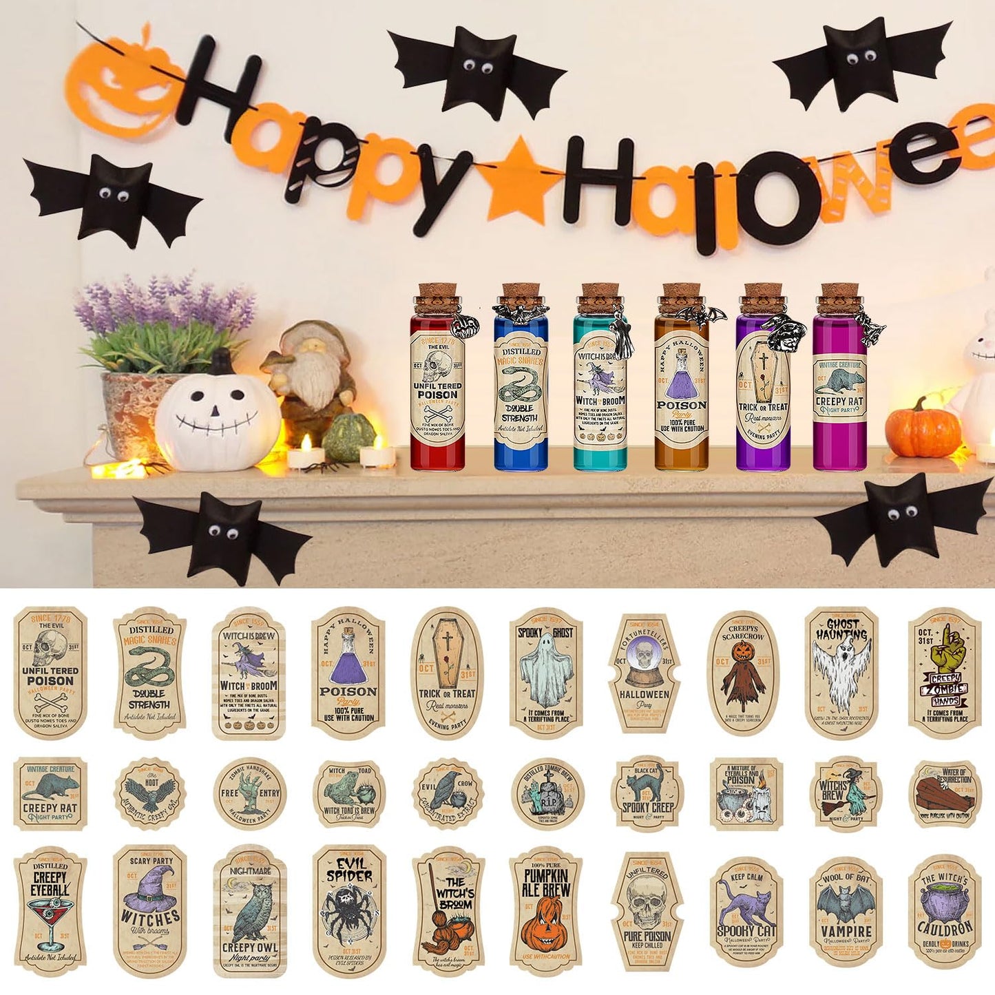 ZAUGONTW 91 Pcs Halloween Potion Bottle Set, 30 Potion Bottles with Cork Stoppers, Stickers, 30 Charms Pendants and 1 Piece String for Halloween Tiered Tray Decorations, Indoor Party Supplies