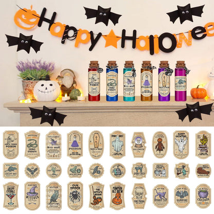 ZAUGONTW 91 Pcs Halloween Potion Bottle Set, 30 Potion Bottles with Cork Stoppers, Stickers, 30 Charms Pendants and 1 Piece String for Halloween Tiered Tray Decorations, Indoor Party Supplies
