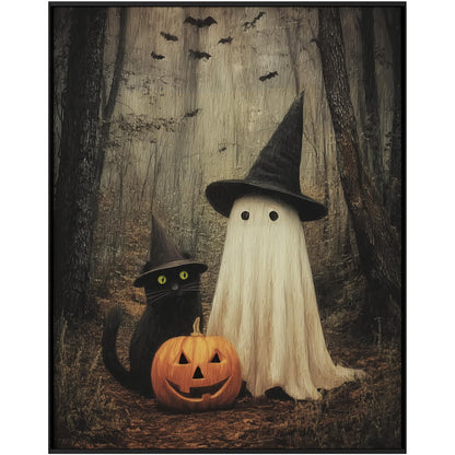 Japrex Ghost and Black Cat in Forest Wall Art Print, Spooky Halloween Art, Whimsigoth Wall Decor, Dark Academia Print, Farmhouse Halloween Decor, Fall Season Art (11 x 14 inch)