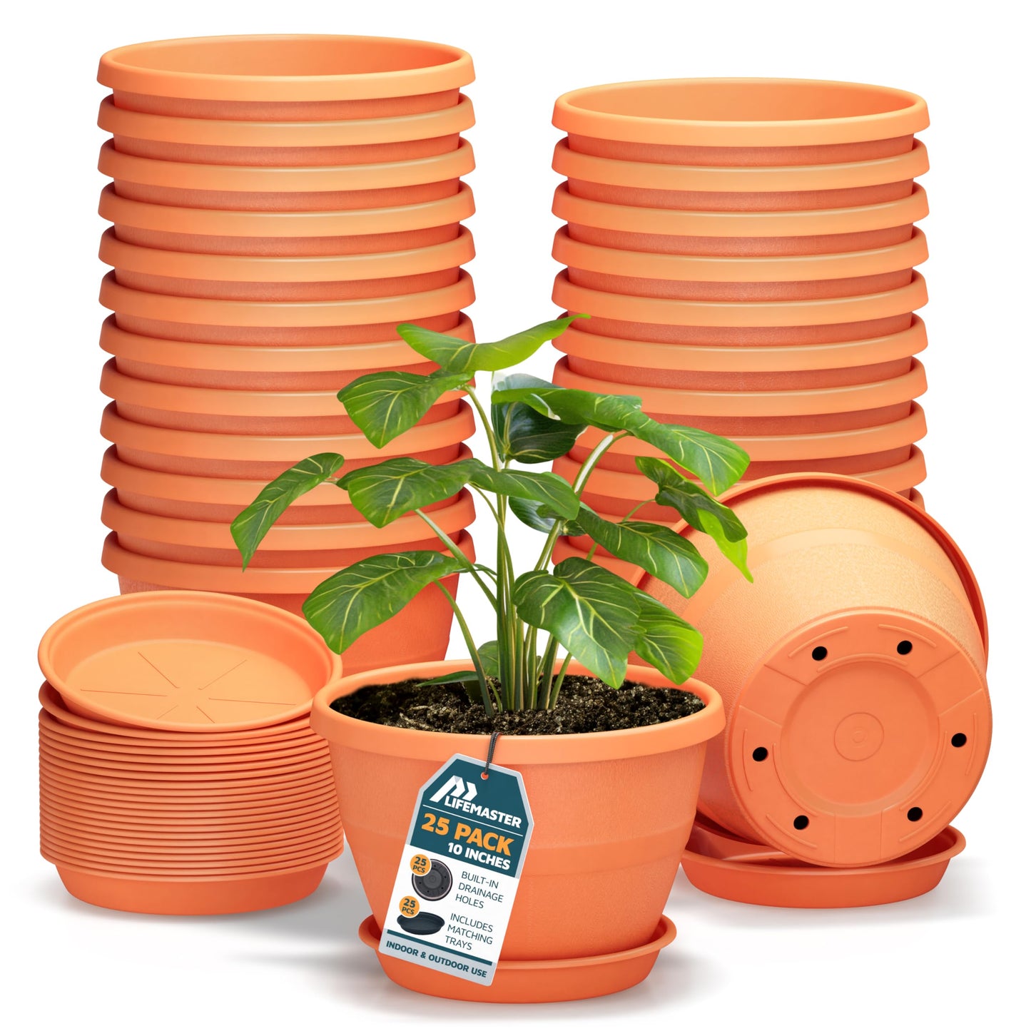 10-Inch Whiskey Barrel Planters Outdoor Pack of 25 - Durable Plastic Plant Pots for Indoor & Outdoor Use with Drainage & Saucer, Lightweight Rustic Barrel Planters for Flowers, Herbs & Small Plants