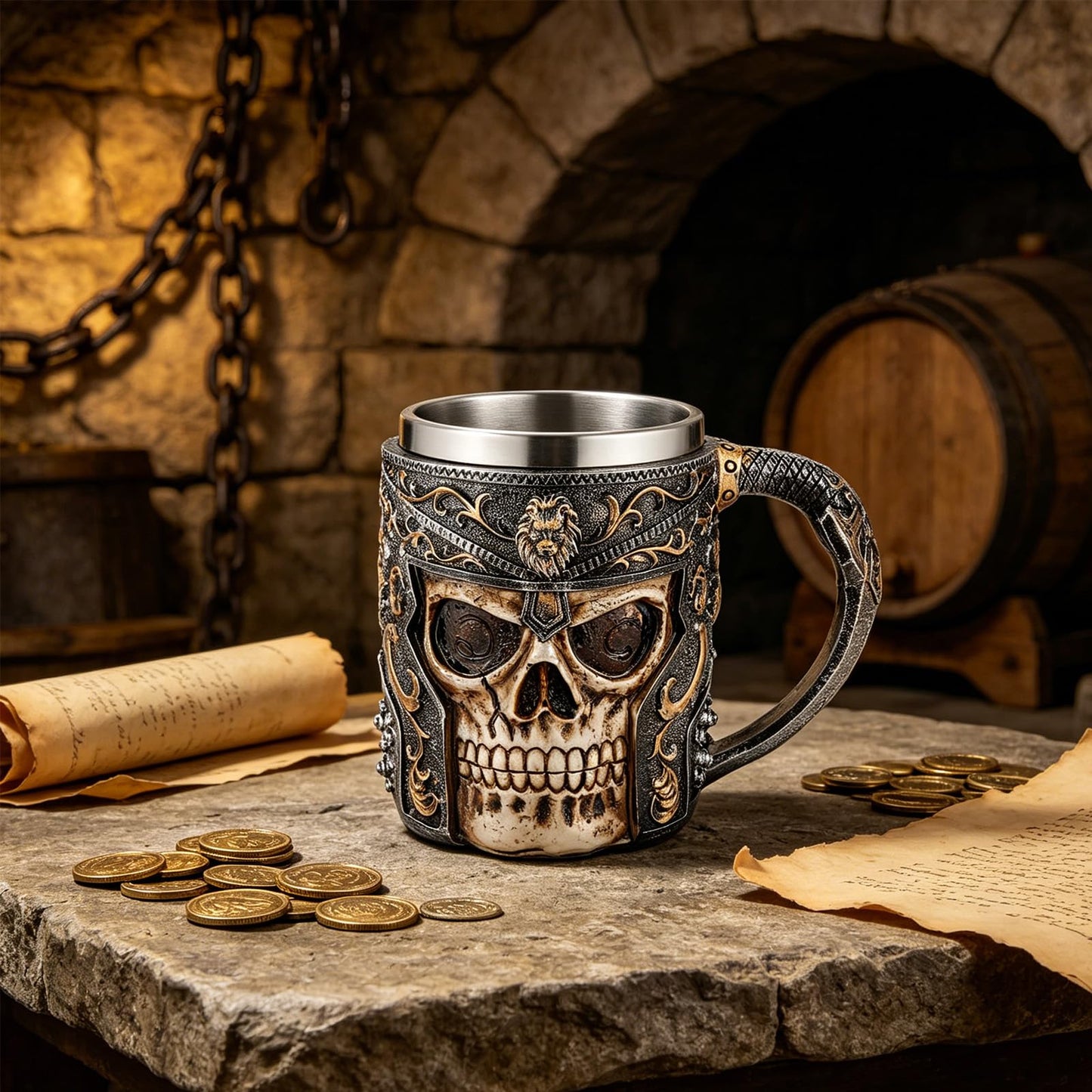 AsAlways Stainless Steel Skull Beer Mug Gothic Beer Stein Novelty Wine Coffee Drinking Cup Halloween Renaissance Accessory Gift 400ML/13.5OZ
