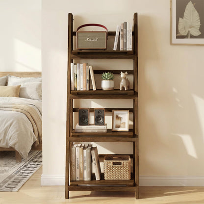 Mugovelo Ladder Shelves - Folding Wooden Ladder Bookshelf, 4-Tier Retro Plant Stand Storage Shelves for Home Living Room, Brown