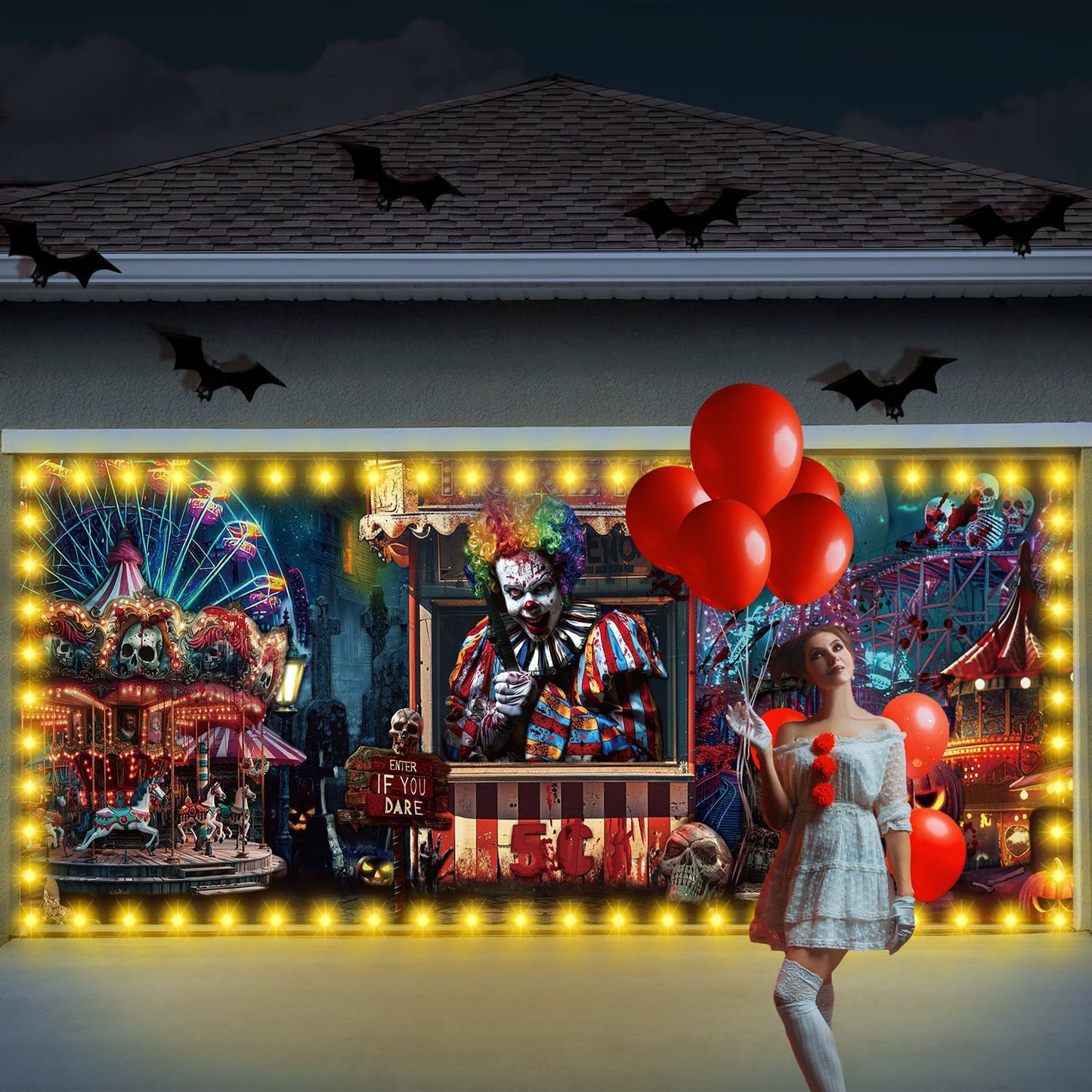 Ganeen 7x16 ft Halloween Garage Door Banner Large Rustic Garage Banner Cover Halloween Backdrop with LED String Light Holiday Vinyl Cover Door Decoration(Evil Circus)