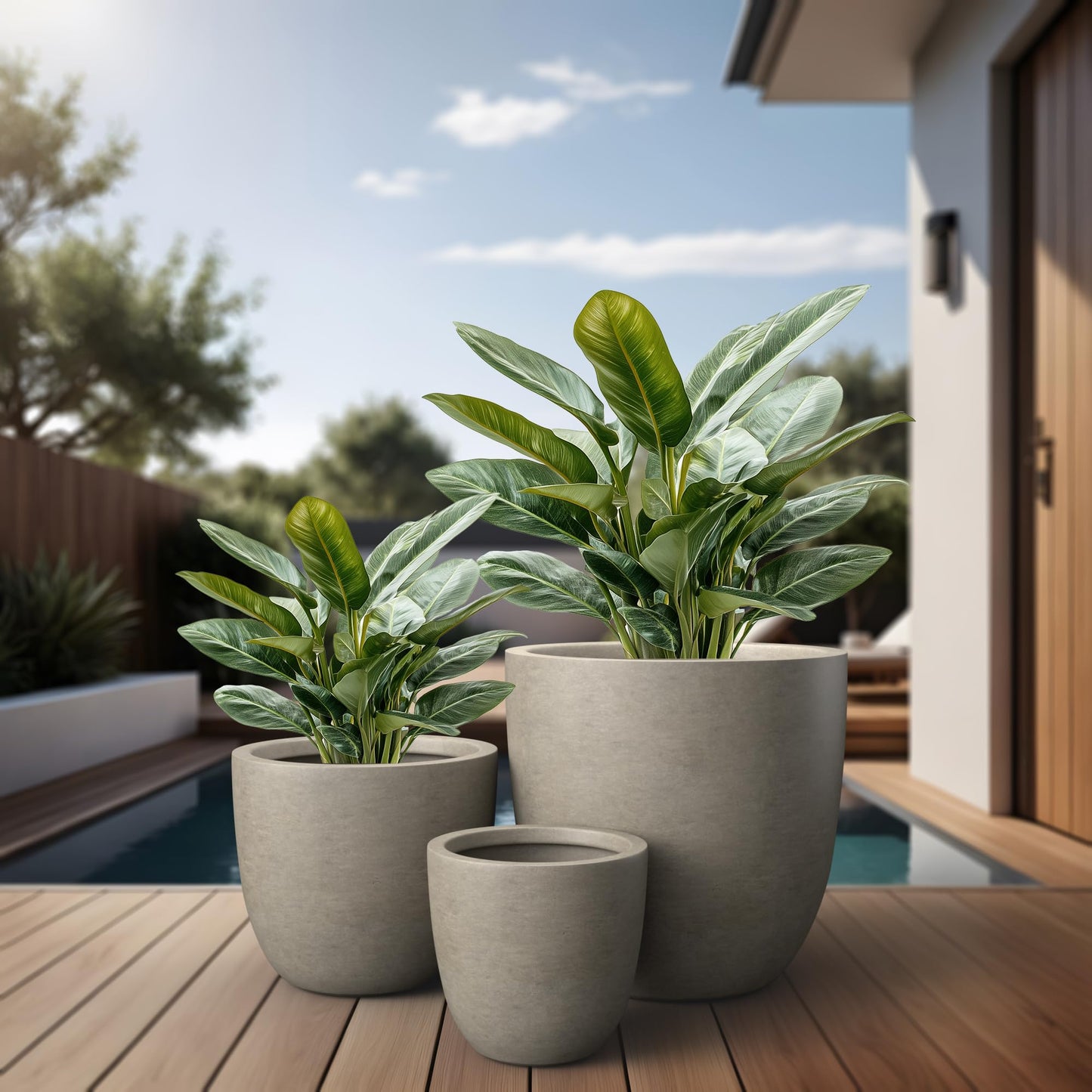 Kante Round Concrete Planter Set of 3, Large Outdoor Indoor Plant Pots with Drainage Hole, 10/14/18-Inch Diameter Flower Pots for Patio, Garden and Home, Weathered Concrete