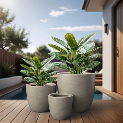 Kante Round Concrete Planter Set of 3, Large Outdoor Indoor Plant Pots with Drainage Hole, 10/14/18-Inch Diameter Flower Pots for Patio, Garden and Home, Weathered Concrete