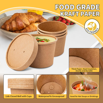 PakTalk 50 Pack Soup Containers with Lids, Disposable and Biodegradable Ice Cream Cups Kraft 12oz Paper Soup Bowls with Lids for Hot Drinking, Food, and Ice Cream (50 sets, 12 oz)