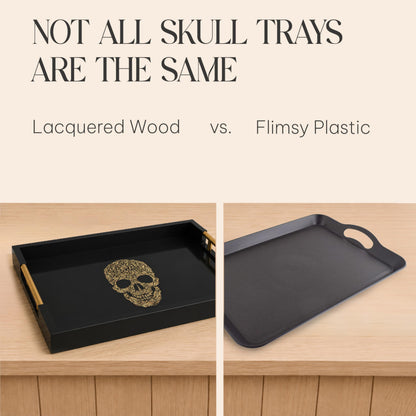 Gothic Skull Serving Tray with Gold Handles – Black Gloss Wooden Ottoman Tray for Coffee Table, Bar, or Kitchen – Elegant Gothic Decor & Unique Gift for Halloween, Horror & Alternative Style Lovers