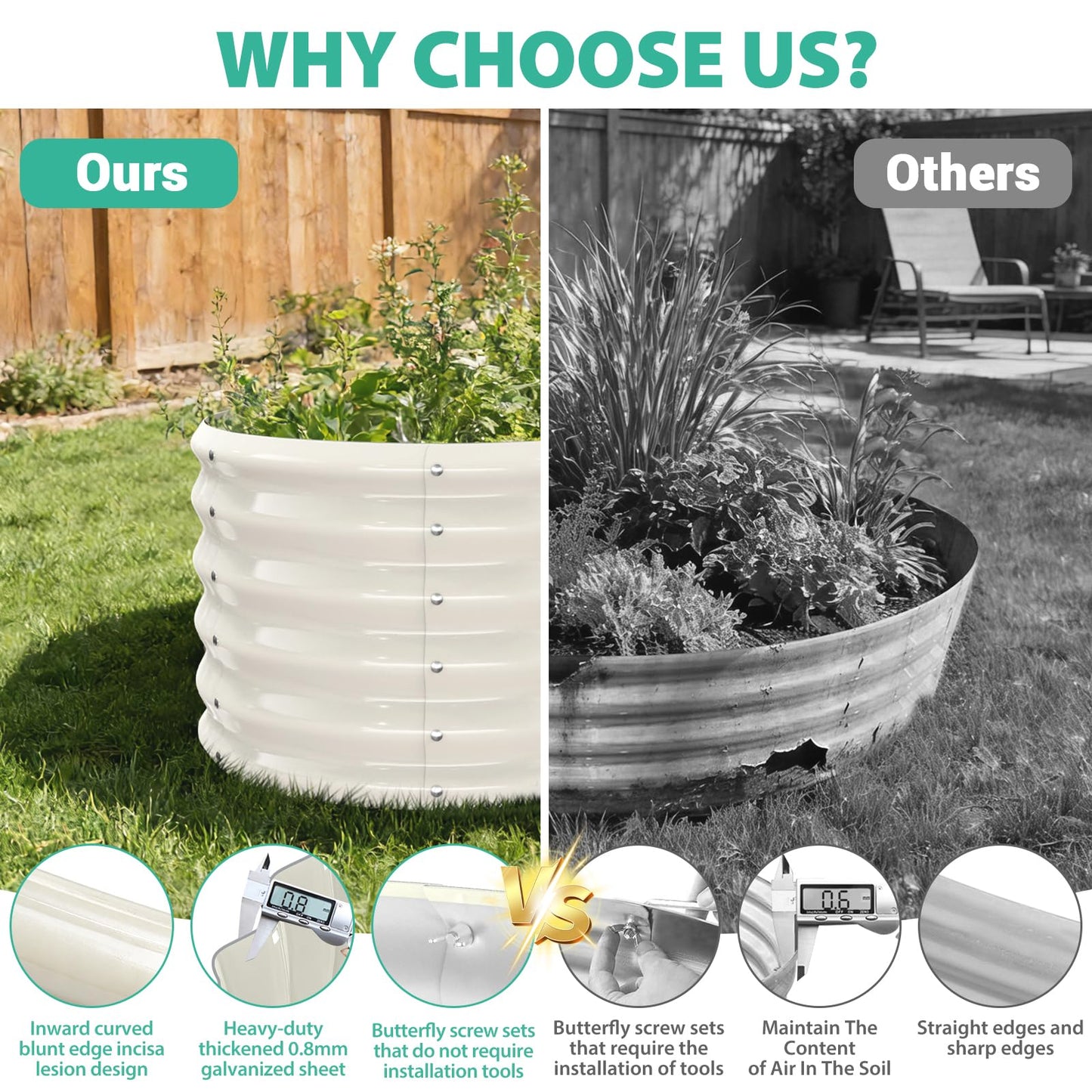 YSEJOMP 17" Tall Round Outdoor Garden Raised Garden Bed Kits-0.8MM Thick Metal Raised Planter Bed/Ground Planter Box for Variety of Flowers,Herbs,Vegetables,Trees (Cream White, 24 Dia X 16.5 inches)