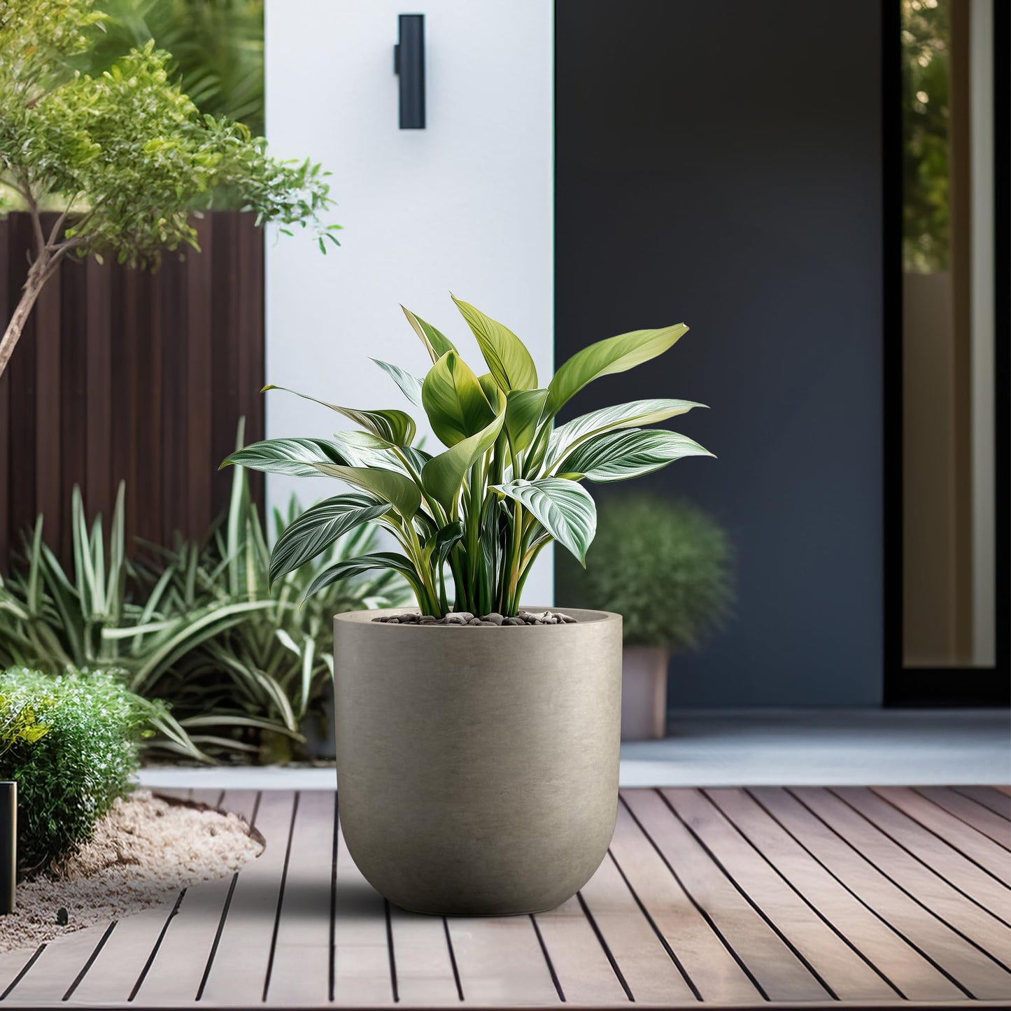 Kante 11.0" Round Concrete Planter, Large Cylinder Plant Pot with Curved Bottom and Drainage Hole, for Indoor and Outdoor Use – Garden or Patio, Weathered Concrete Finish with Painted Interior