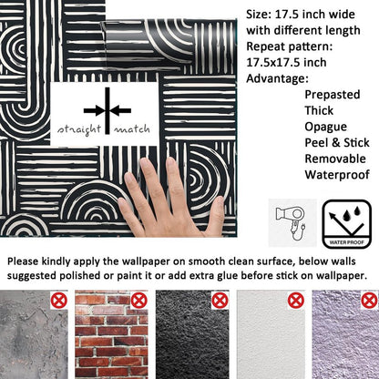 Livelynine Geometric Peel and Stick Wallpaper Black and White Modern Mid Century Geometric Abstract Wall Paper Contemporary Minimalist Lines 17.5x78.8 Geometric Pattern Contact Paper for Cabinets