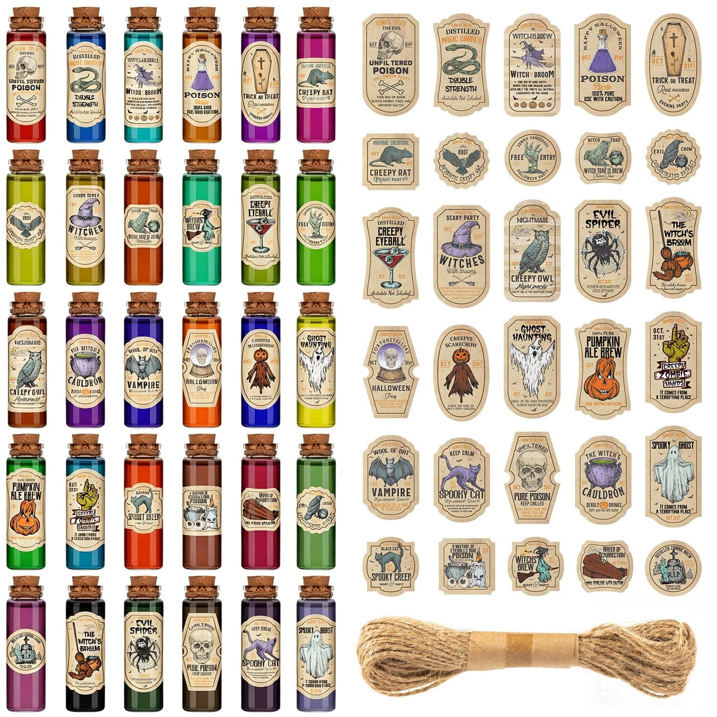 ZAUGONTW 91 Pcs Halloween Potion Bottle Set, 30 Potion Bottles with Cork Stoppers, Stickers, 30 Charms Pendants and 1 Piece String for Halloween Tiered Tray Decorations, Indoor Party Supplies