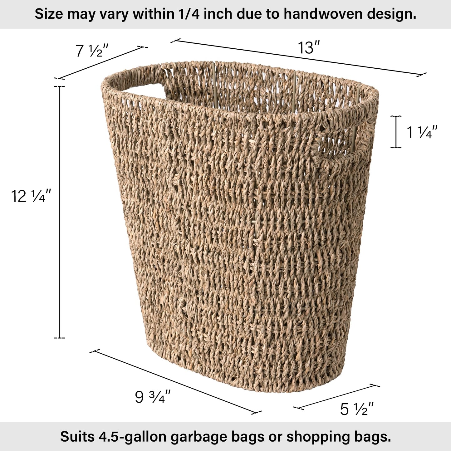 StorageWorks Wicker Waste Basket, Handwoven Seagrass Trash Can with Built-in Handles, Wicker Garbage Can for Bedroom, Bathroom, 1 Pack