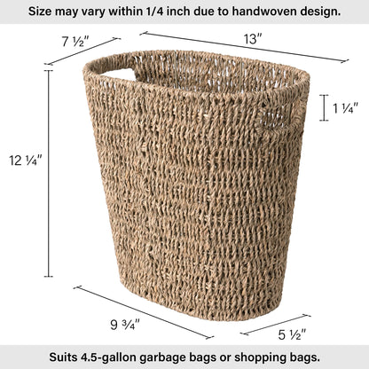 StorageWorks Wicker Waste Basket, Handwoven Seagrass Trash Can with Built-in Handles, Wicker Garbage Can for Bedroom, Bathroom, 1 Pack
