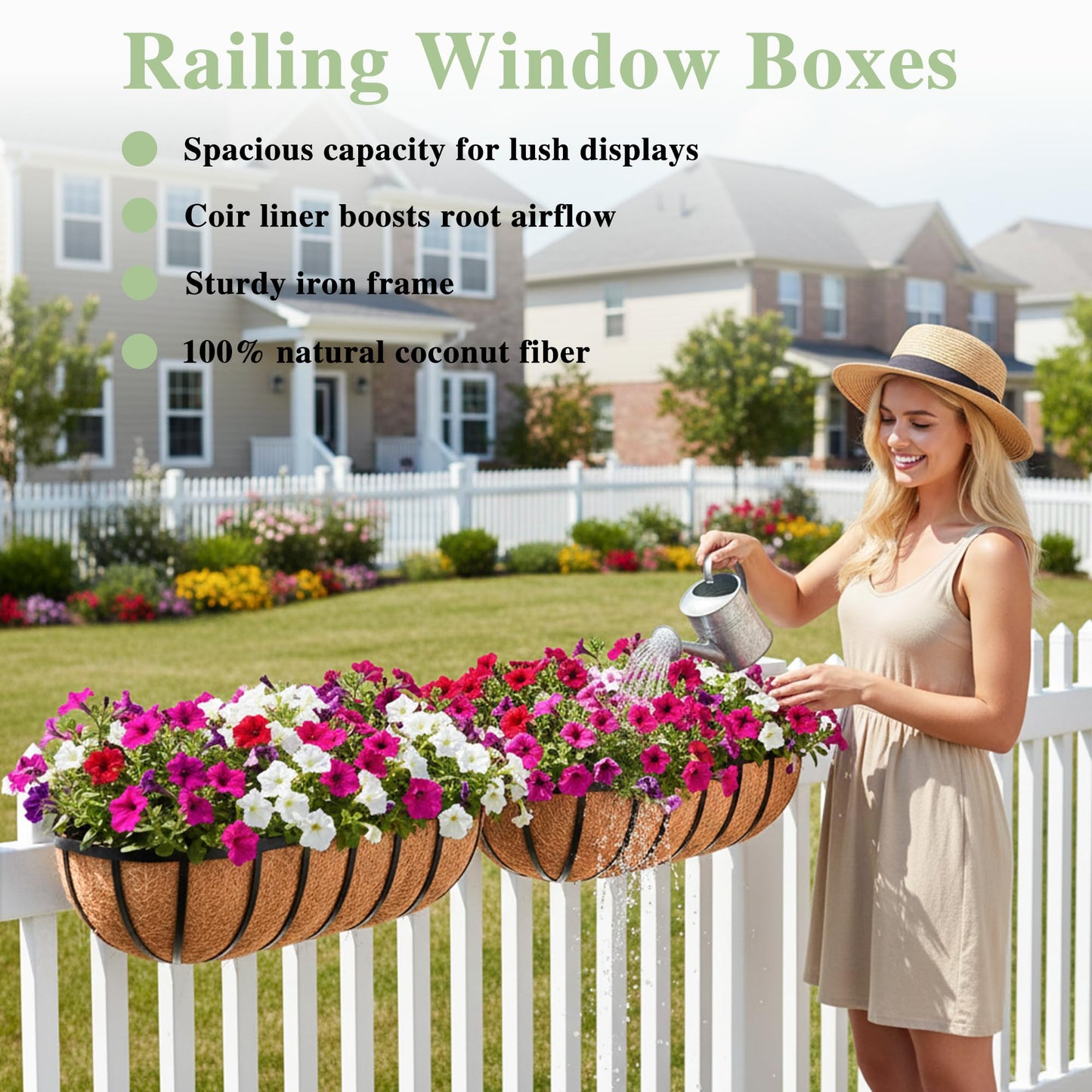 24 Inch Railing Planter Window Box Deck Balcony Rail Planter with Coco Liner Metal Wall-Mounted Coconut Liner Planter Basket English Horse Trough Planters for Outdoor Balcony Porch Fence (2 Pack)