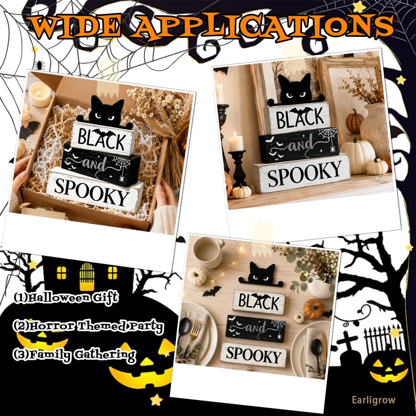 4 Pcs Halloween Table Decorations Black Cat Wooden Block Signs Black and Spooky Rustic Tiered Tray Decor Farmhouse Halloween Centerpiece with Bat & Spider Web for Home Kitchen Shelf Office Mantel Party Favors