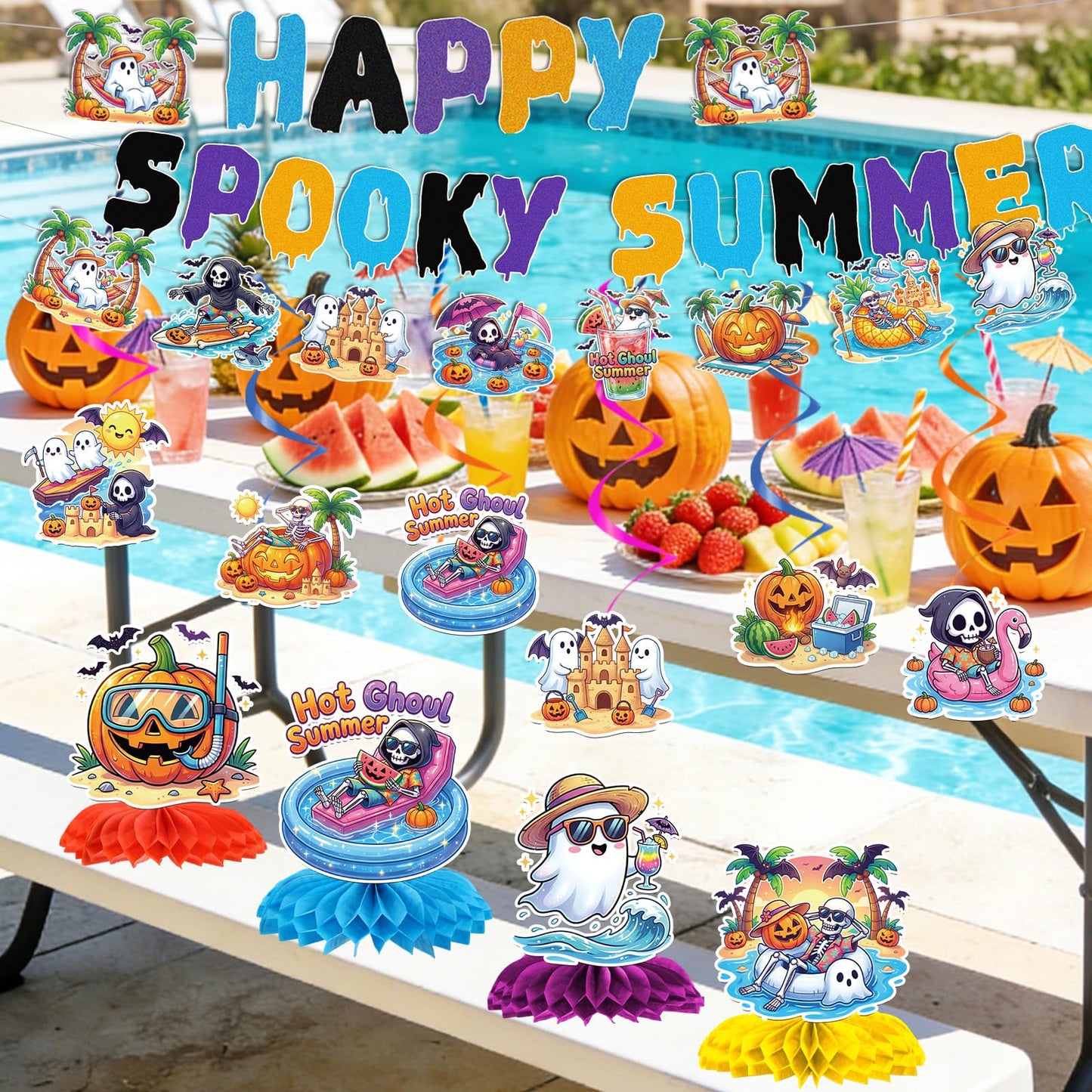 Papiailove Summer Halloween Party Decorations - 13Pcs Ghost and Pumpkin Theme Banners with Hanging Swirls, Honeycomb Centerpieces for Birthday Baby Shower Pool Party, Spooky Summer Party Decor