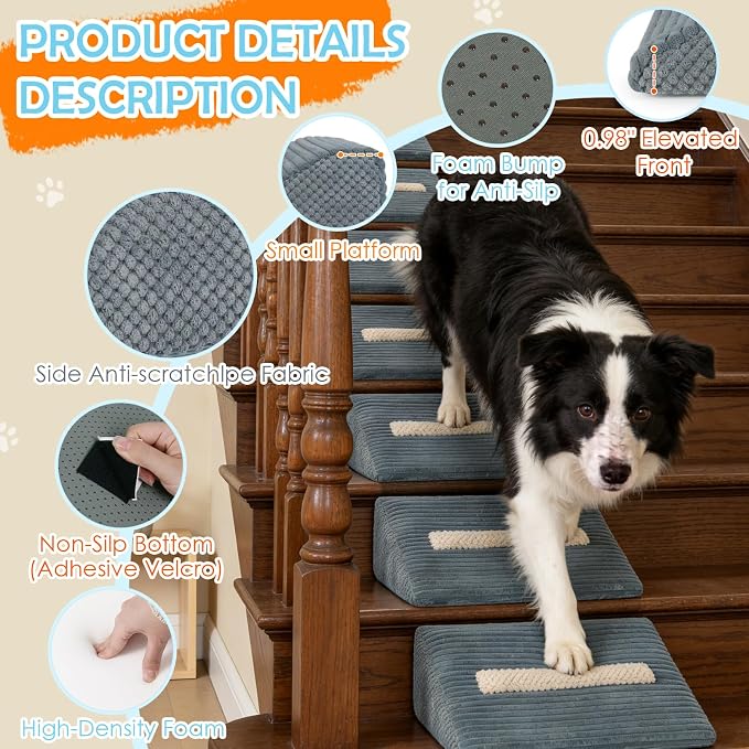 Foam Dog Ramp for Stairs, Low-Impact Climbing Dog Stairs for Senior Dogs | 5.1"H, 3 Pack, 40D High-Density Foam Won't Collapse, Protects Joints, Anti-Slip & Self-Sticky Pads, Washable Cover, Grey