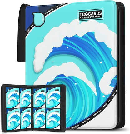 Trading Card Binder 4 Pocket,Card Binder 400 Pockets,Card Book Holder Cards with 50 Removable Sleeves,3-Ring Zip Design MTG/TCG/Sport Collectible Trading Card Albums Gifts for Boys and Girls(Water)