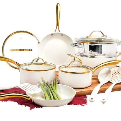 Gotham Steel 15 Pc Ceramic Cookware Set, Ceramic Pots and Pans Set Non Stick with Cooking Utensils and Steamer, Non Toxic PFOA PFOS Free, Premium Gold Stay Cool Handles, Oven & Dishwasher Safe