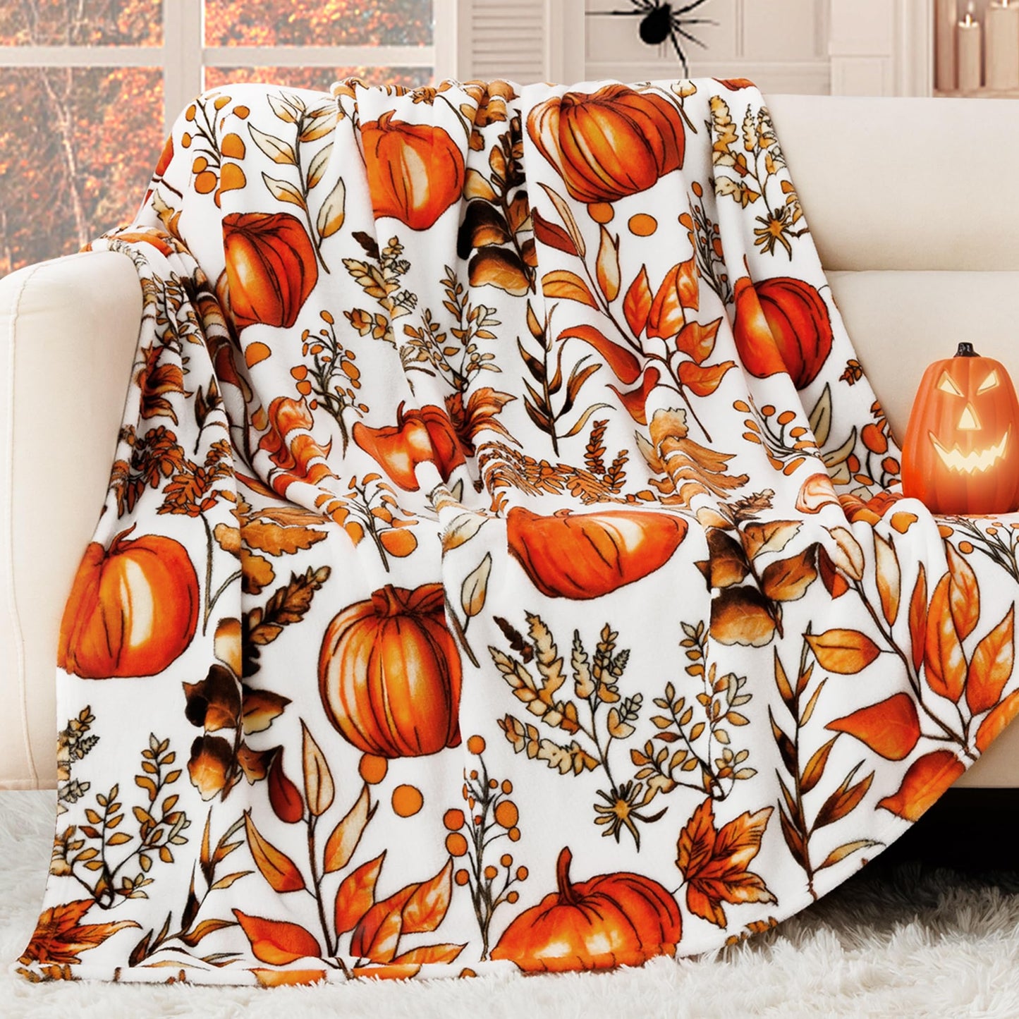 ROMROL Halloween Throw Blanket, Fall Throw Blankets, Fuzzy Fluffy Cozy Soft Throws, Pumpkin Leaves, Fleece Flannel Plush Blanket Halloween Fall Decor for Couch Bed Sofa (50" x 60")