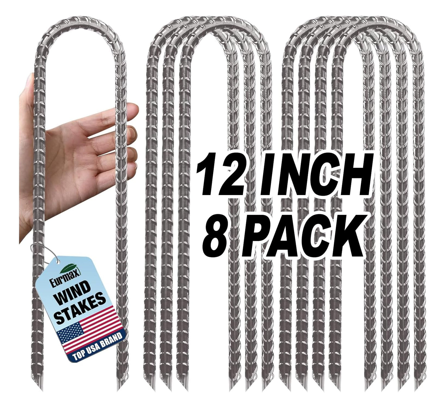 Eurmax USA 12" Windproof Trampoline Stakes,Rust-Proof Galvanized Steel U-Shape Ground Anchor,Commercial Tent Stakes for High Winds,Secure Anti-Flip Tie Down for Soccer Goals,Swing Sets,Fences&Playsets