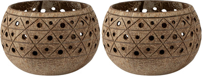 Restaurantware - Coco Casa 4 x 3.3 Inch Coconut Shell Candle Holders, 1 Reusable Tealight Candle Holders - Candle Not Included, Geometric Pattern, Tan Coconut Bowls for Candles, Handcrafted
