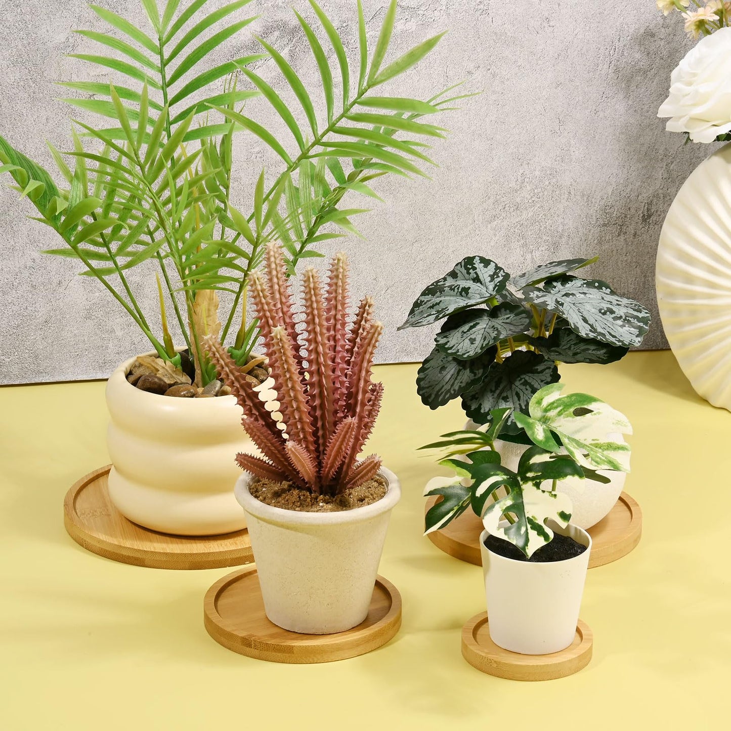 M METERXITY 4-Pack Bamboo Plant Saucer, 3.54 Inch / 9cm ID Round Flower Pot Plant Saucers for Indoor/Outdoor/Succulent, Wood Drip Tray [3.94 Inch/10cm OD]