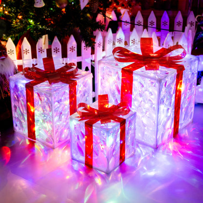 Set of 3 Christmas Lighted Gift Boxes with 50 LEDs,Outdoor Christmas Decorations,8 Modes RGBW Lights,Battery Operated Light Up Present Boxes for Christmas Trees Indoor Outdoor Home Yard Lawn Decor