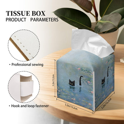 Grace Yonks Art Tissue Box Cover Square - Black Cat in Water Lilies Design 5.2" PU Leather Holder for Vanity, Desk, or Bathroom Counter - Cube Case for Facial Tissues. (123)