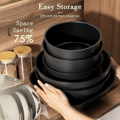 Astercook 23 Pcs Pots and Pans Set Non Stick, Ceramic Cookware Set Detachable Handle, RV Kitchen Cooking Set Removable Handles, Oven Safe, Induction Ready, Stackable, Black, Mothers Day Gifts
