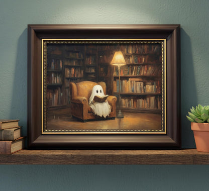 Vbaourut Framed Halloween Ghost Wall Art, Moody Reading Ghost Canvas Painting, Dark Academia Library Poster with Dark Brown Frame and Upgraded Hook and Loop for Study, 9x11 in