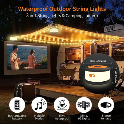 TOHETO Camping String Lights, 3 in 1 Upgraded Retractable RGB Outdoor String Lights with 19 Lighting Modes,Quick 30s Recovery, 32.8 FT Portable Tent Lights, Rechargeable Camping Lantern (Black&Orange)
