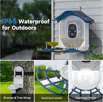 Smart Bird Feeder with Camera, 2K HD AI Identify Birds Species, Bi rd Watching Camera with Solar Panel, Instant Notifications, Ideal Present for Bird Lover, Dark Blue