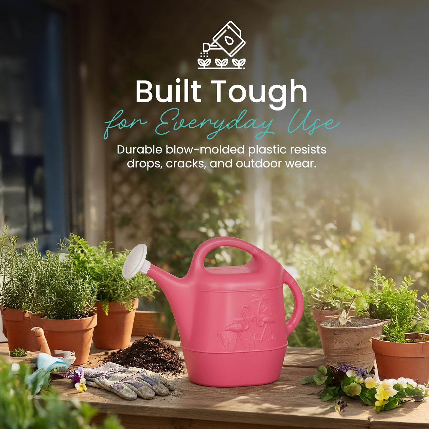 Union Products Watering Can, Flamingo 2 Gallon Plastic Gardening Water Jug with 2 Handles for Garden, Indoor Plants, and Outdoor Flower Pots, Pink