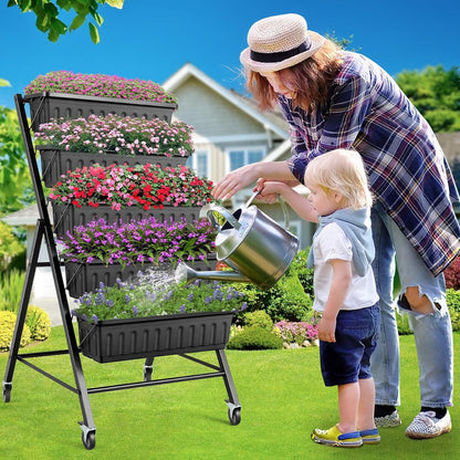 TEANDE 2 Pack Vertical Raised Garden Bed with Wheels, 5-Tier Elevated Planter Box w/Drainage System & 4 Hooks for Herbs Vegetables Flowers, Vertical Garden Planter for Patio Yard Indoor Outdoor