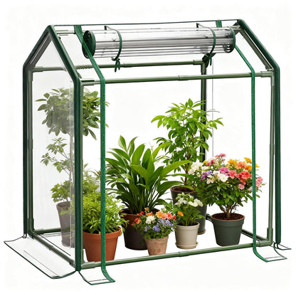 Mini Greenhouse with Zippered Doors & Roll-up Windows, Elevated Bottom Portable Plant Hot House with Durable PVC Cover, Water Resistant, UV Protected for Outdoor Flowers, Vegetables