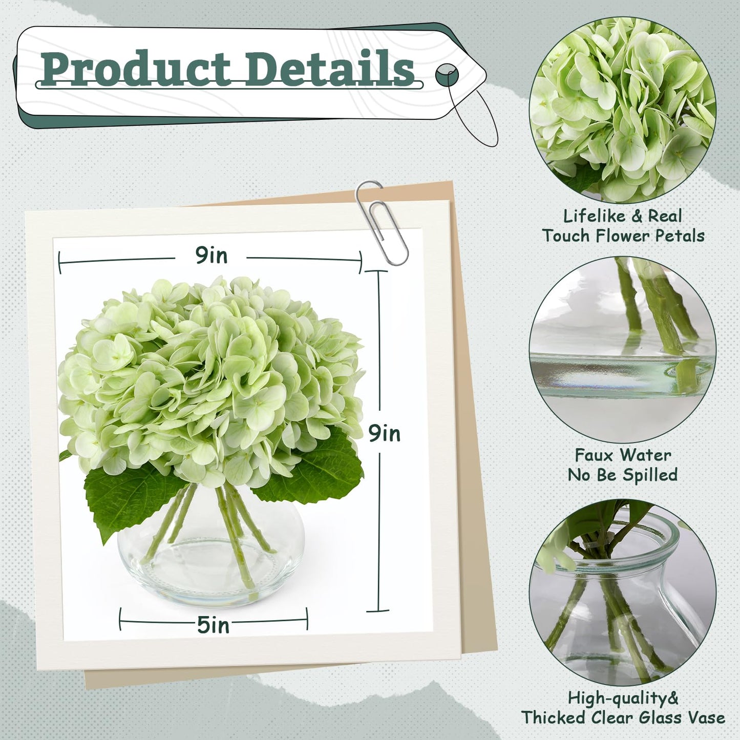 AMORISE Real Touch Artificial Hydrangea in Vase,Premium Faux Flowers with Faux Water for Home Decoration,Coffee Table,Wedding,Green Fake Hydrangea with Vase for DIY Floral Arrangements