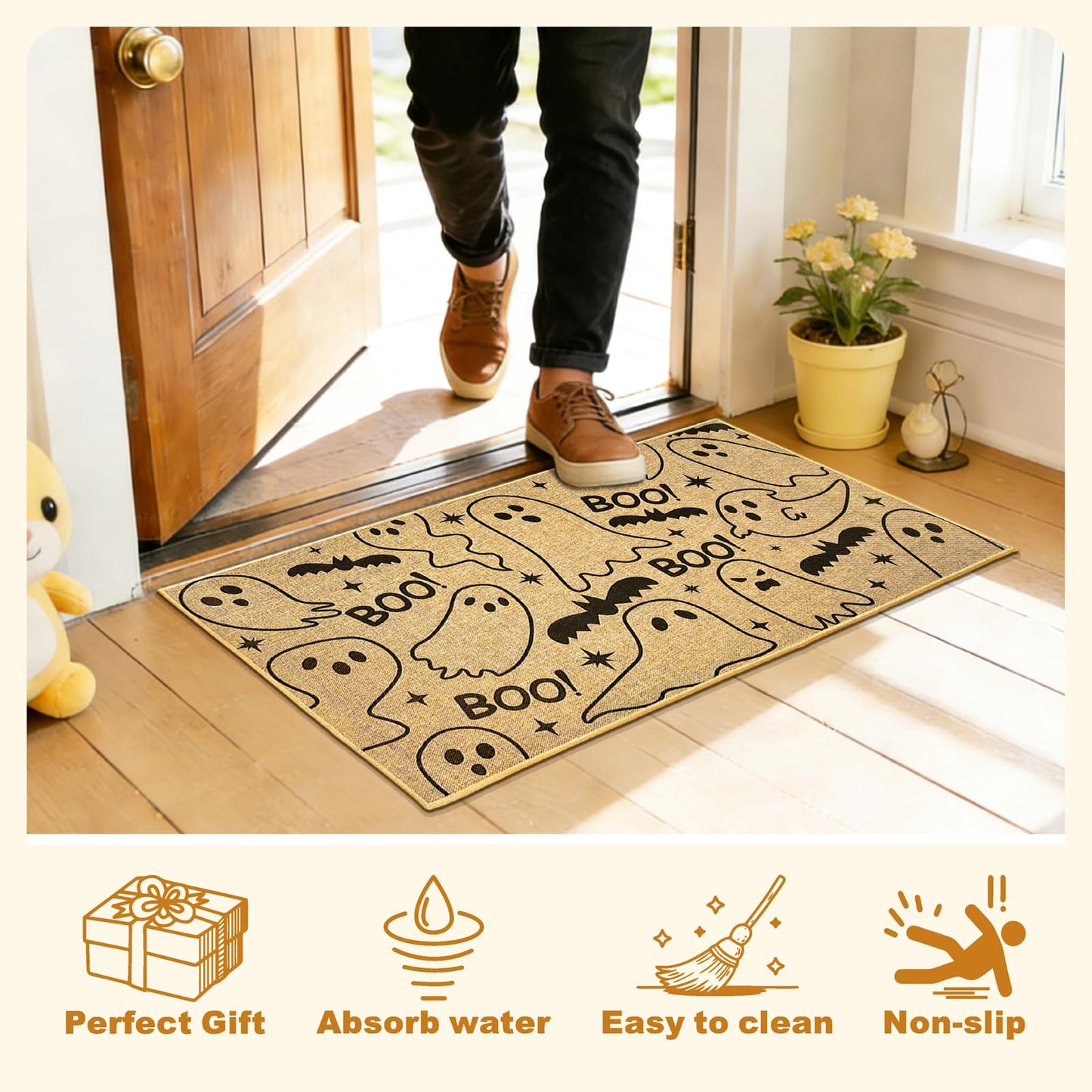 Kazova Ghost Doormat Boo 17x30 Inch Non Slip Washable Linen Indoor Outdoor Rug for Couples Introvert Funny Unwelcome Front Door Entryway