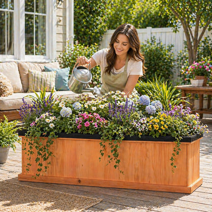 Giantex Raised Garden Bed with 3 Drainage Holes, 44”x10”x12” Wooden Elevated Planter Box w/Removable Bottom & Bed Liner, Elevated Flower Bed, Rectangular Plant Container for Vegetables Herbs & Fruits