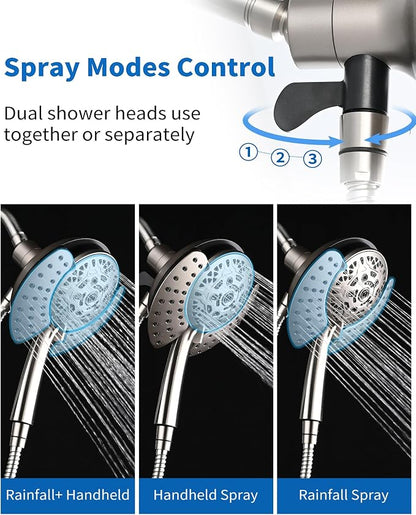 INAVAMZ Shower Head with Handheld High Pressure: Hand Held Shower Head & Rain Shower Head 2-IN-1 Shower Head with 59" Rotatable Stainless Steel Hose, Shower Trim Systems, Nickel 1.8 GPM 15391